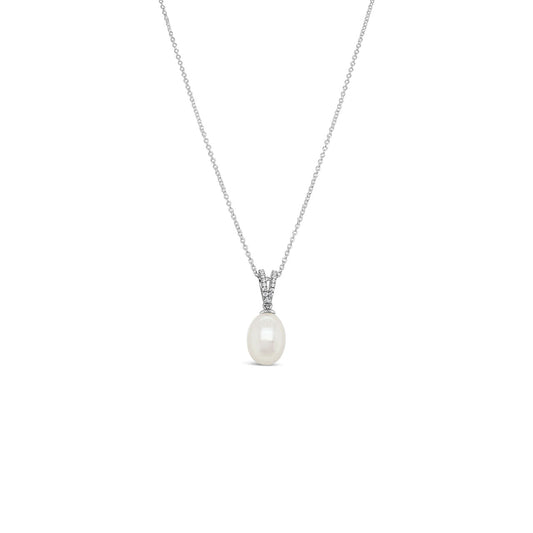 Sterling Silver 8.5-9mm with CZ Oval White Fresh Water Pearl Pendant