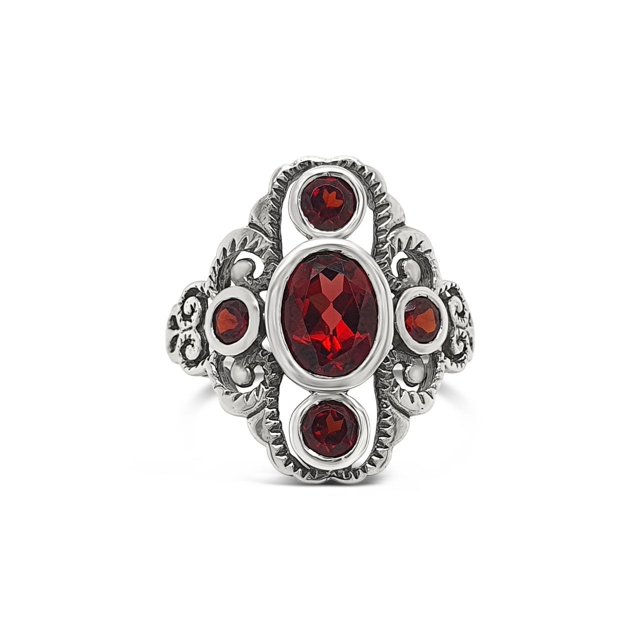 Sterling Silver Garnet Antique Style Ring - Size Q