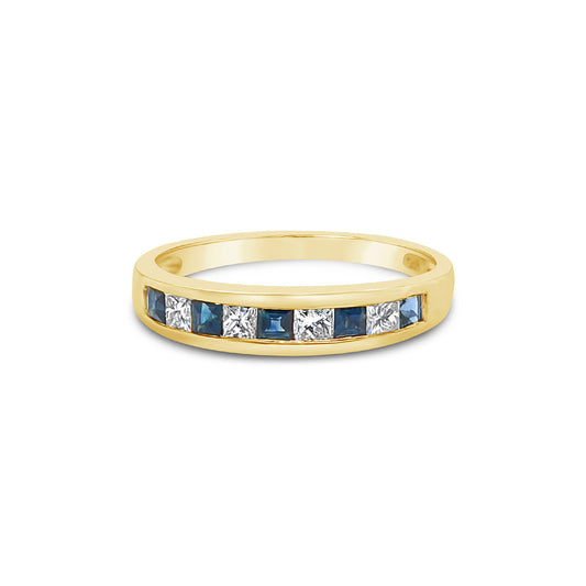 9k Yellow Gold Princess Cut Sapphire & Diamond Channel Set Anniversary Ring