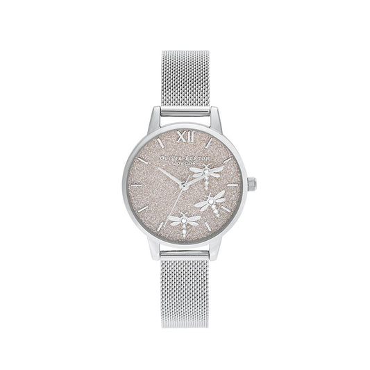 Dancing Dragonfly Blush Glitter Dial & Silver Mesh Watch