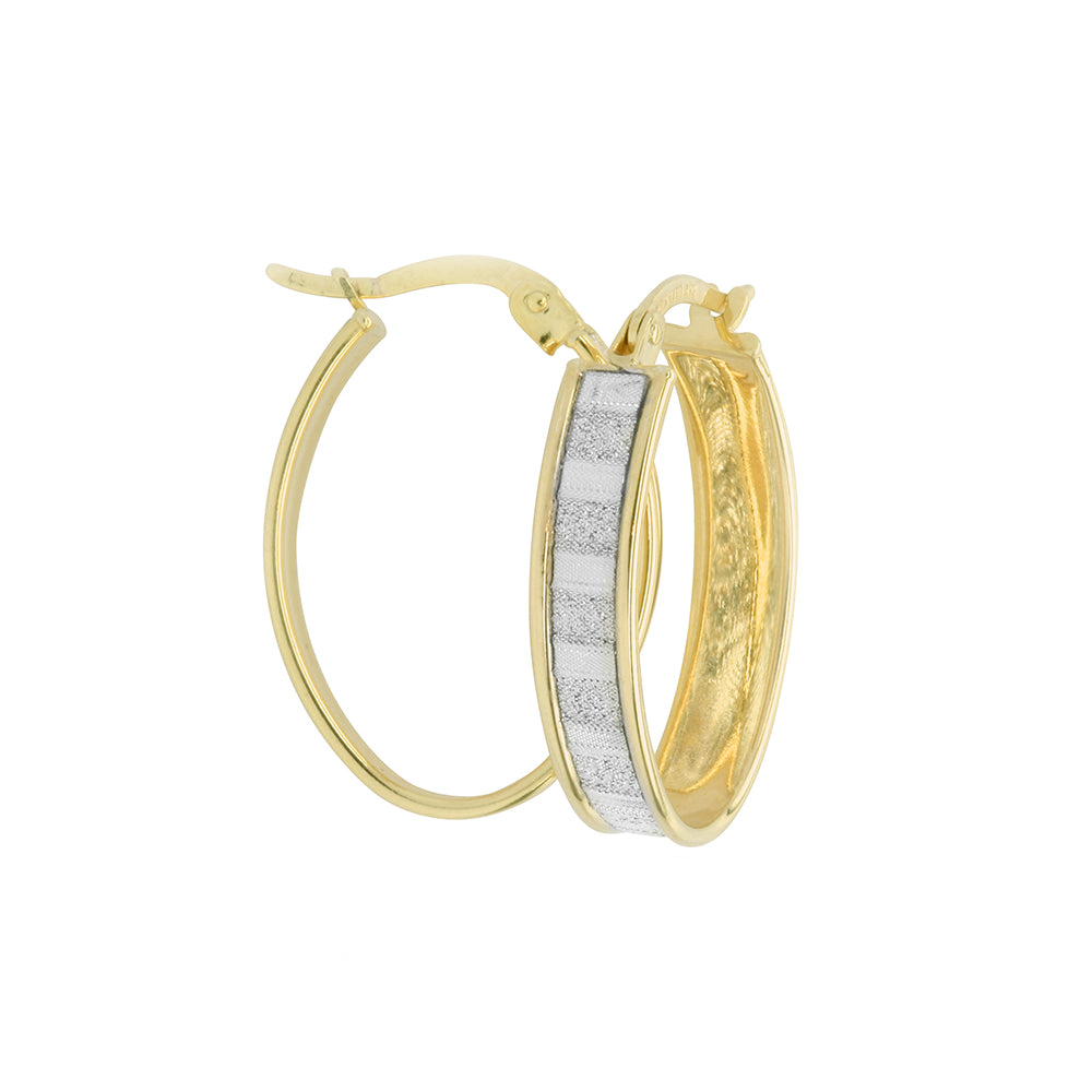 Glitter Patterned Oval Hoop Earrings - 9k Yellow Gold Silver Filled