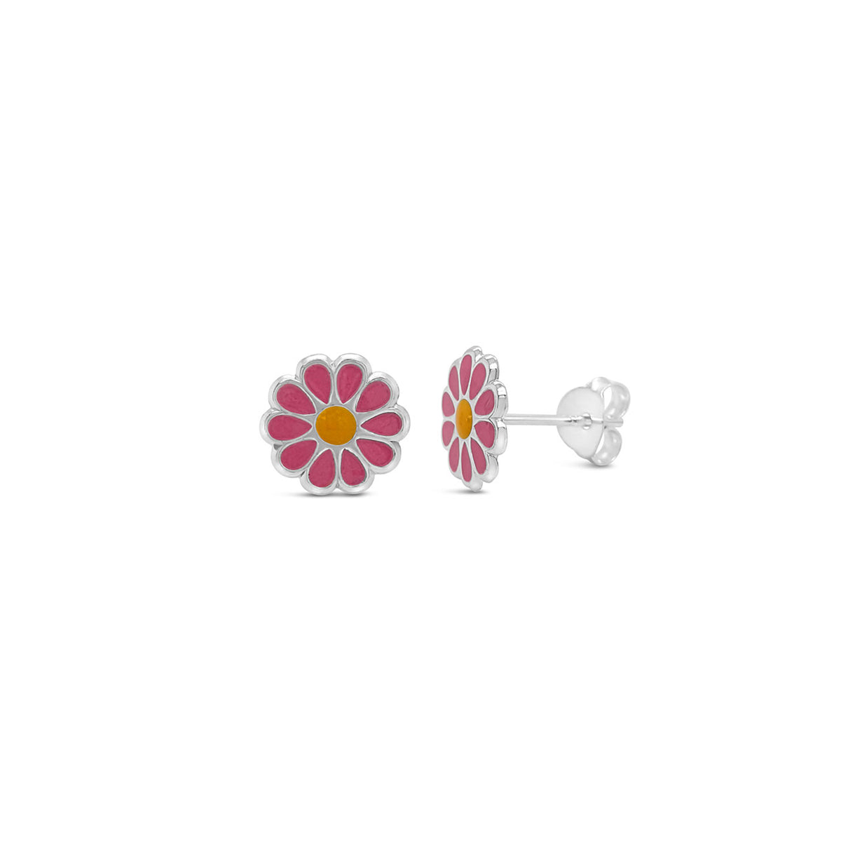 Sterling Silver Pink Enamelled Sunflower Stud Earrings