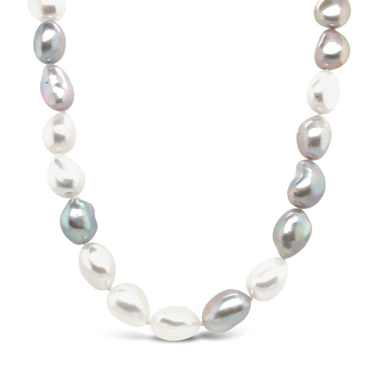 10.5-11.5mm Double Shiny White & Dyed Grey Fresh Water Pearl Strand Necklace