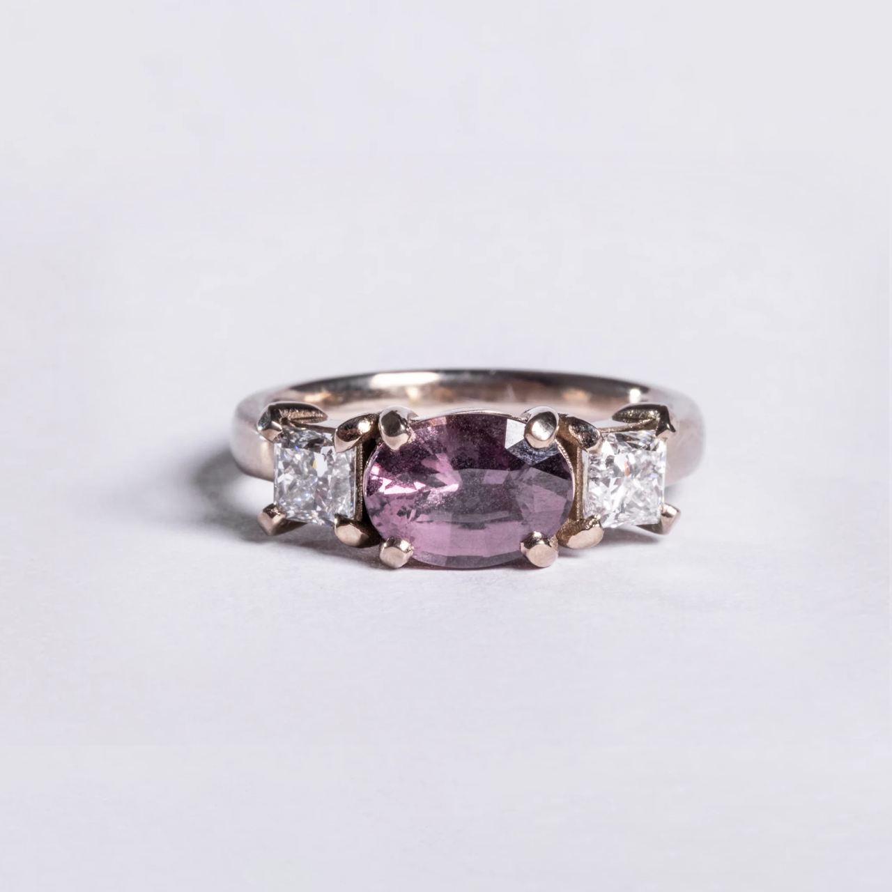 Afterglow - 18k White Gold 2.11ct Padparadscha Sapphire & 1ct Princess Cut Diamond 3 Stone Ring