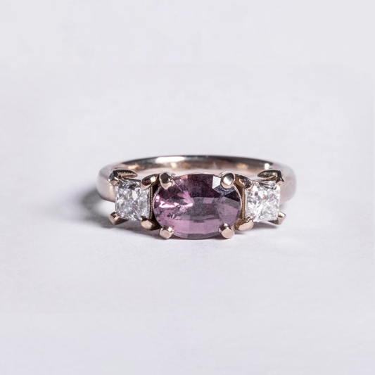 Afterglow - 18k White Gold 2.11ct Padparadscha Sapphire & 1ct Princess Cut Diamond 3 Stone Ring