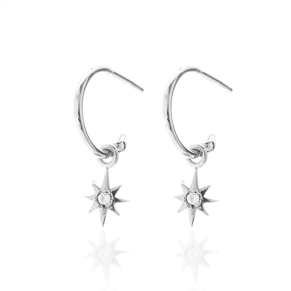 Superfine / Star Hoops / Silver + White Topaz