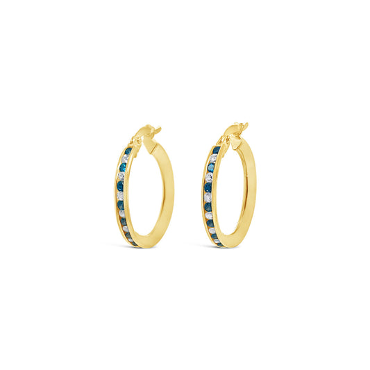 9k Yellow & Sterling Silver Bonded Bright Blue & White CZ Hoop Earrings
