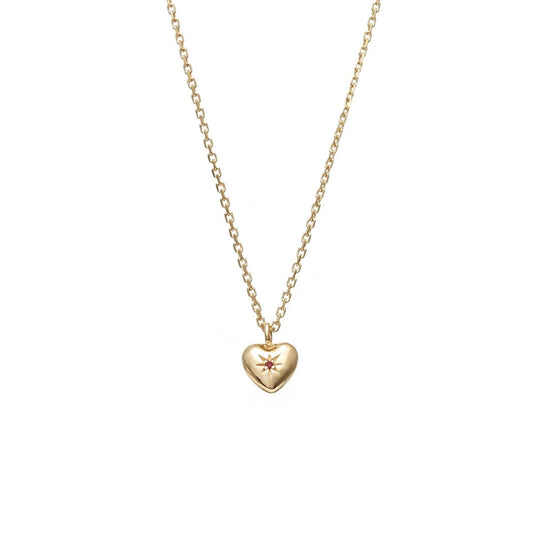 Petite Puffed Heart Necklace Ruby + Gold