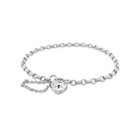 Sterling Silver Heart Padlock 18cm Oval Belcher Bracelet