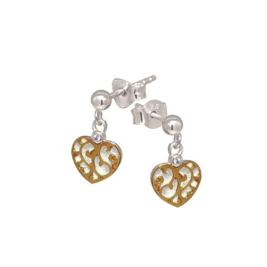 Sterling Silver Rose Gold Plated Heart Drop Earrings with CZ