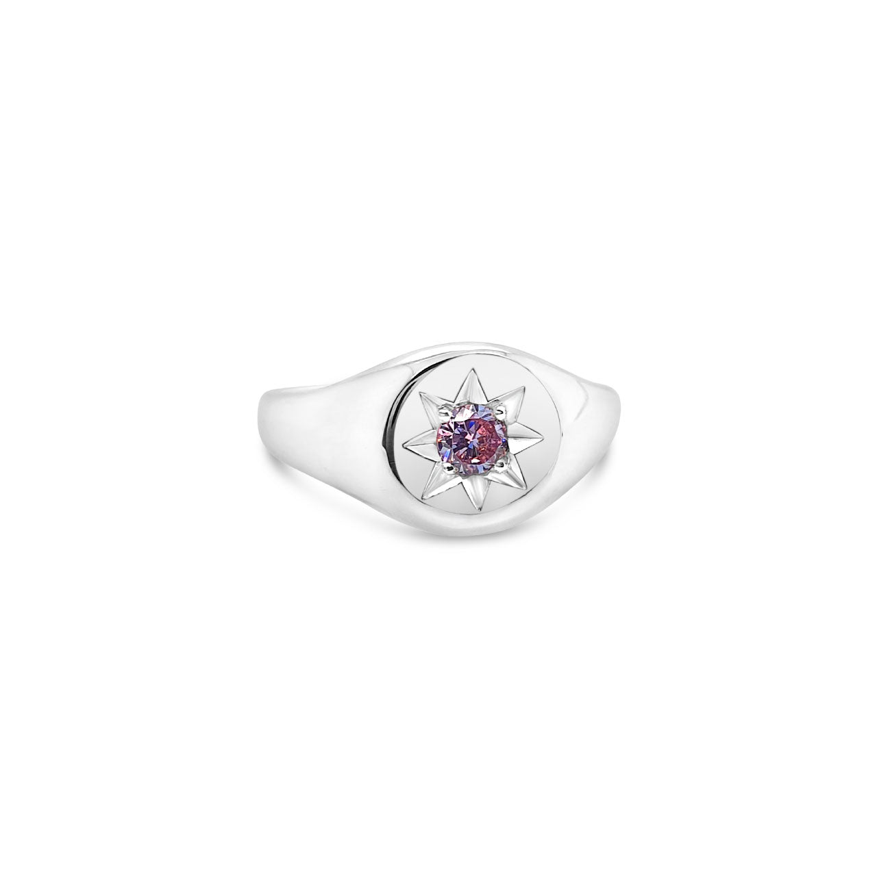 Sterling Silver Pink CZ Star Set Signet Ring