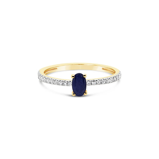 9k Yellow Gold Oval Sapphire & Shoulder Set Diamond Dress Ring