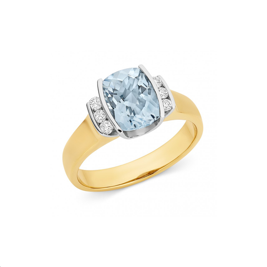 9k Yellow & White Gold Cushion Cut Aquamarine & Diamond Dress Ring