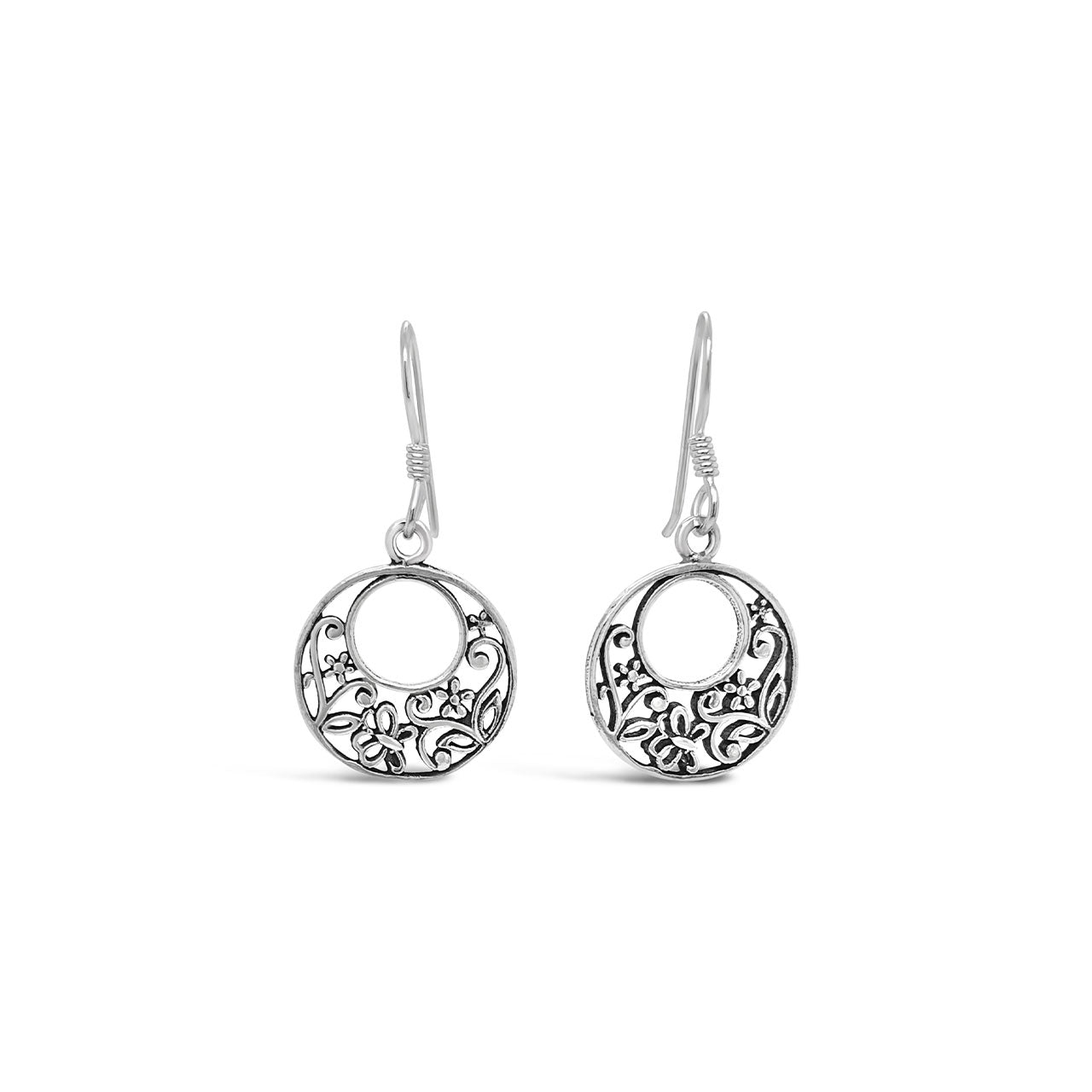 Sterling Silver Round Filigree Butterfly & Flower Hook Earrings