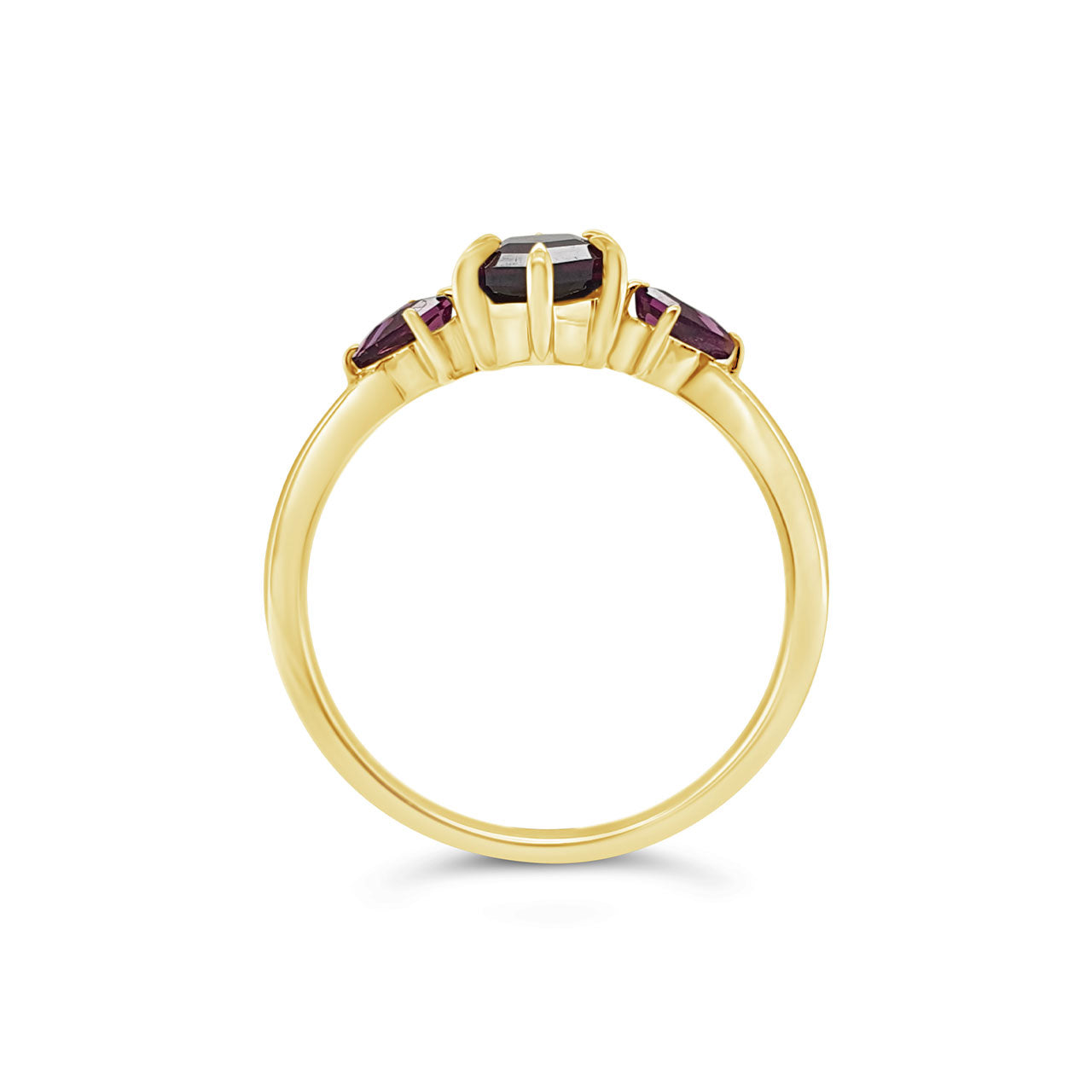 9k Yellow Gold Rhodolite Garnet 3 Stone Ring