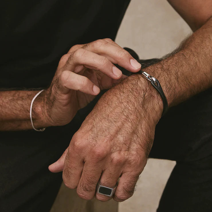 Kinship Men’s Black Leather and Steel Bracelet