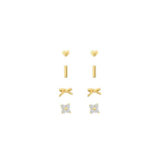 Gold Plated Stack Pack of 4 Earrings - Hearts, Bows, Studs and Bars
