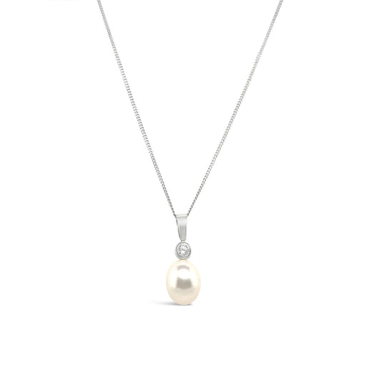 Fresh Water Pearl & CZ Sterling Silver Drop Pendant