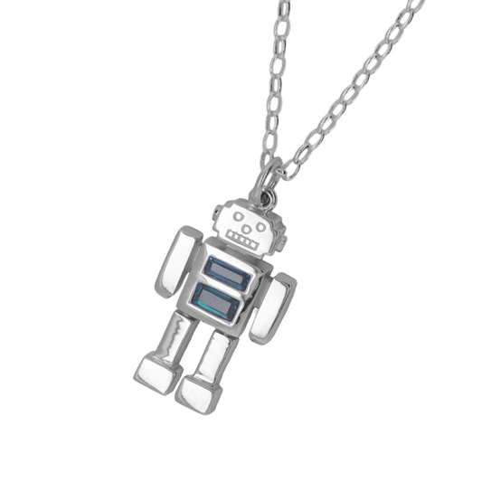 Sterling Silver Robot with Blue Topaz Necklace