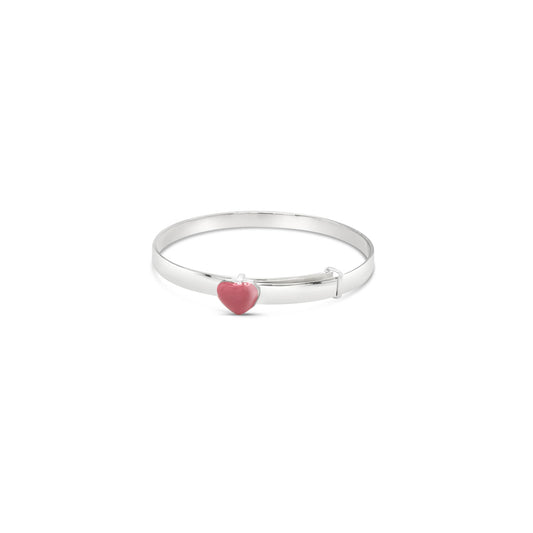 Sterling Silver Expandable Christening Baby Bangle with Pink Heart