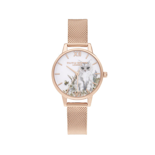 Illustrated Animals Cat Midi Rose Gold Mesh