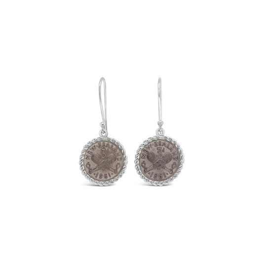Sterling Silver Twist Wire Framed NZ Thruppence Hook Earrings