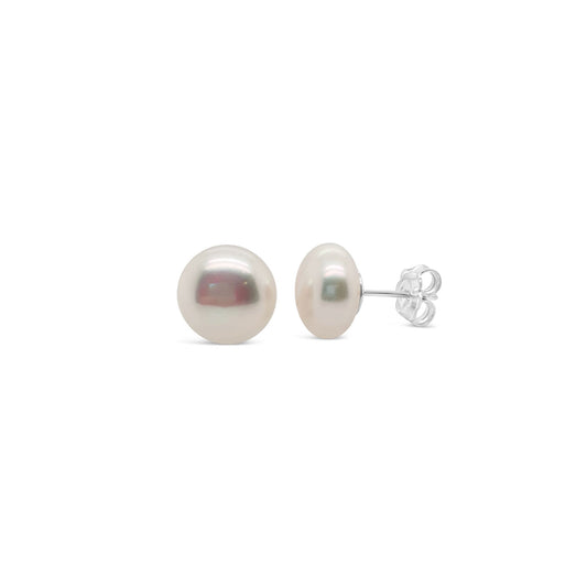 Sterling Silver 11mm White Button Fresh Water Pearl Stud Earrings