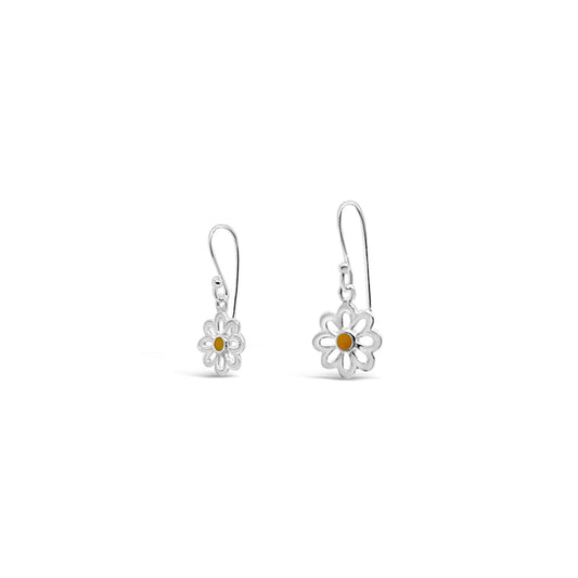 Sterling Silver White & Yellow Enamel Flower/Daisy Hook Earrings