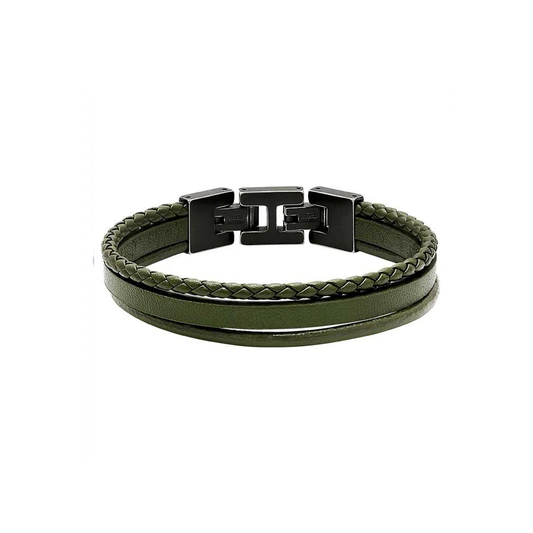 Polished Steel 3 Navy Khaki Green, Braided & Round Leather 21cm Bracelet