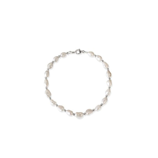 Sterling Silver 2.5mm Beads & 5mm White Keshi Pearl Bracelet