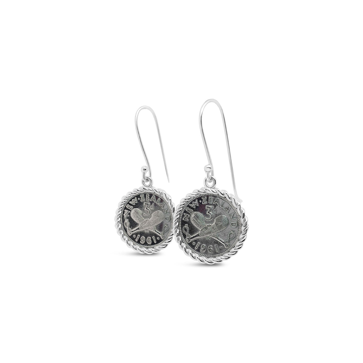 Sterling Silver Twist Wire Framed NZ Thruppence Hook Earrings