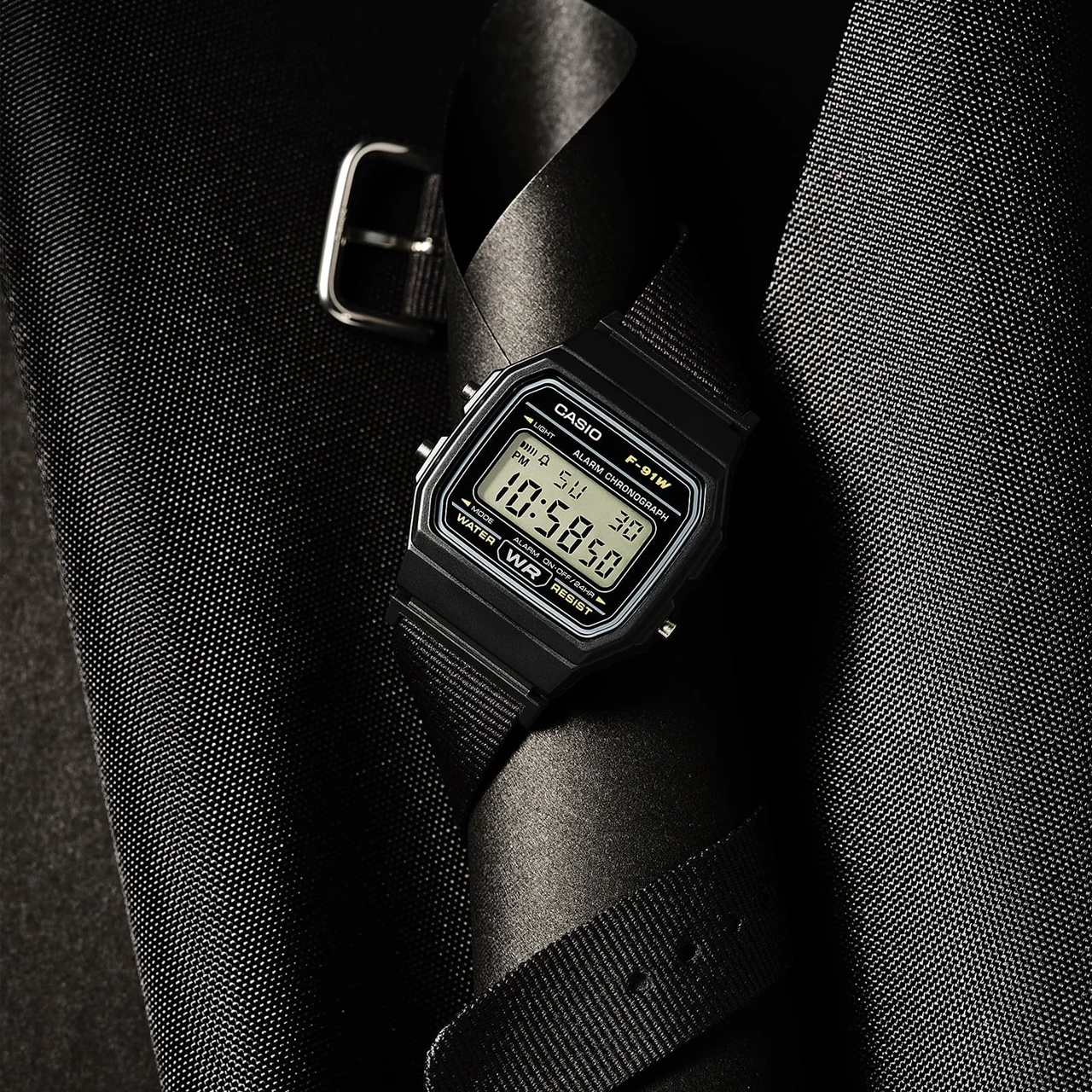 Casio Black Digital Watch with Cloth Band - F91WF-1A