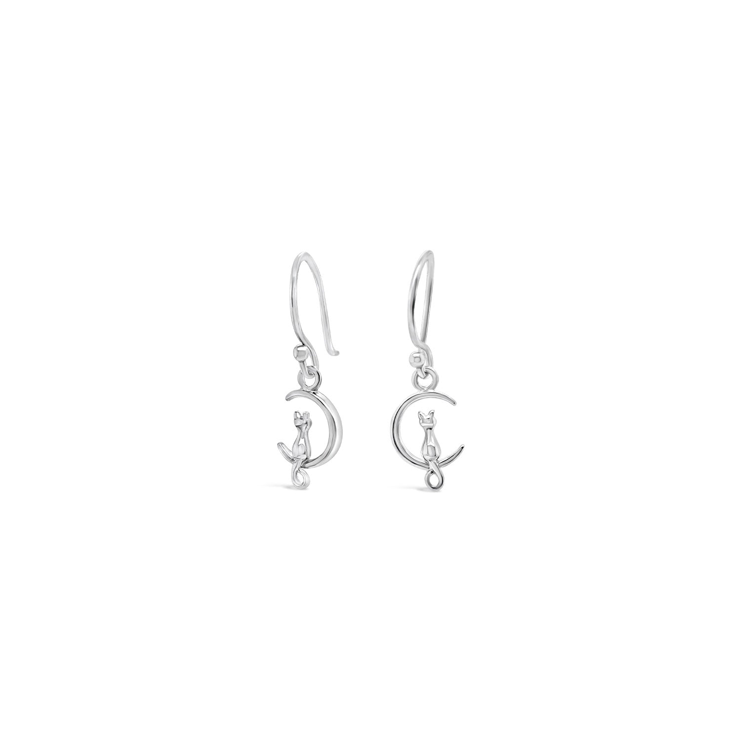 Sterling Silver Drop Tiny Cat in a Crescent Hook Earrings