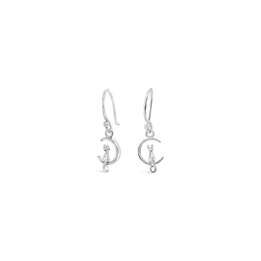 Sterling Silver Drop Tiny Cat in a Crescent Hook Earrings