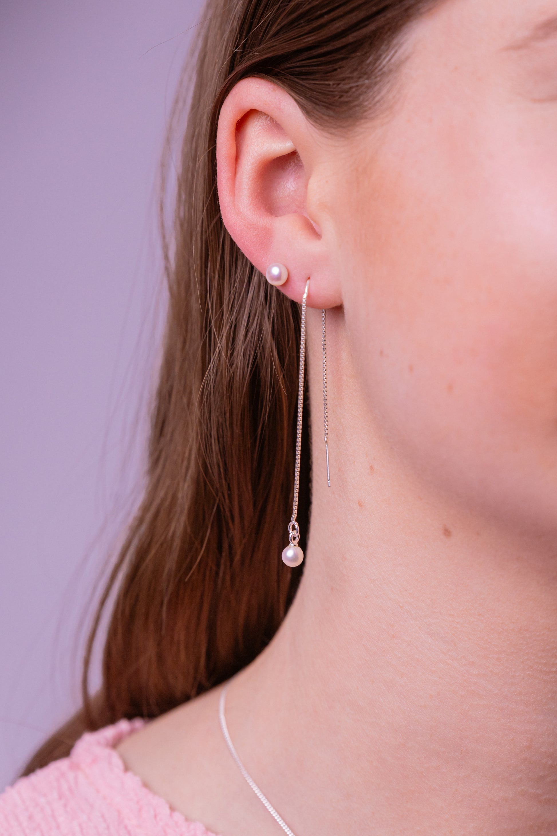 Sterling Silver 4mm White Round Pearl Thread Earrings