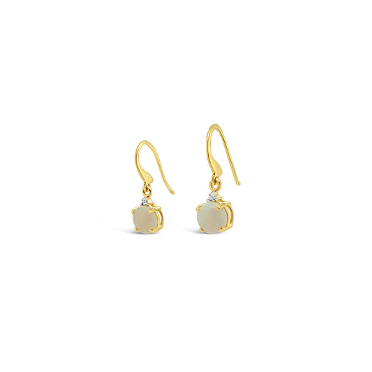 9k Yellow Gold Opal & Diamond Round Drop Hook Earrings