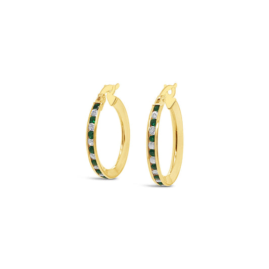 9k Yellow & Sterling Silver Bonded Green & White CZ Hoop Earrings