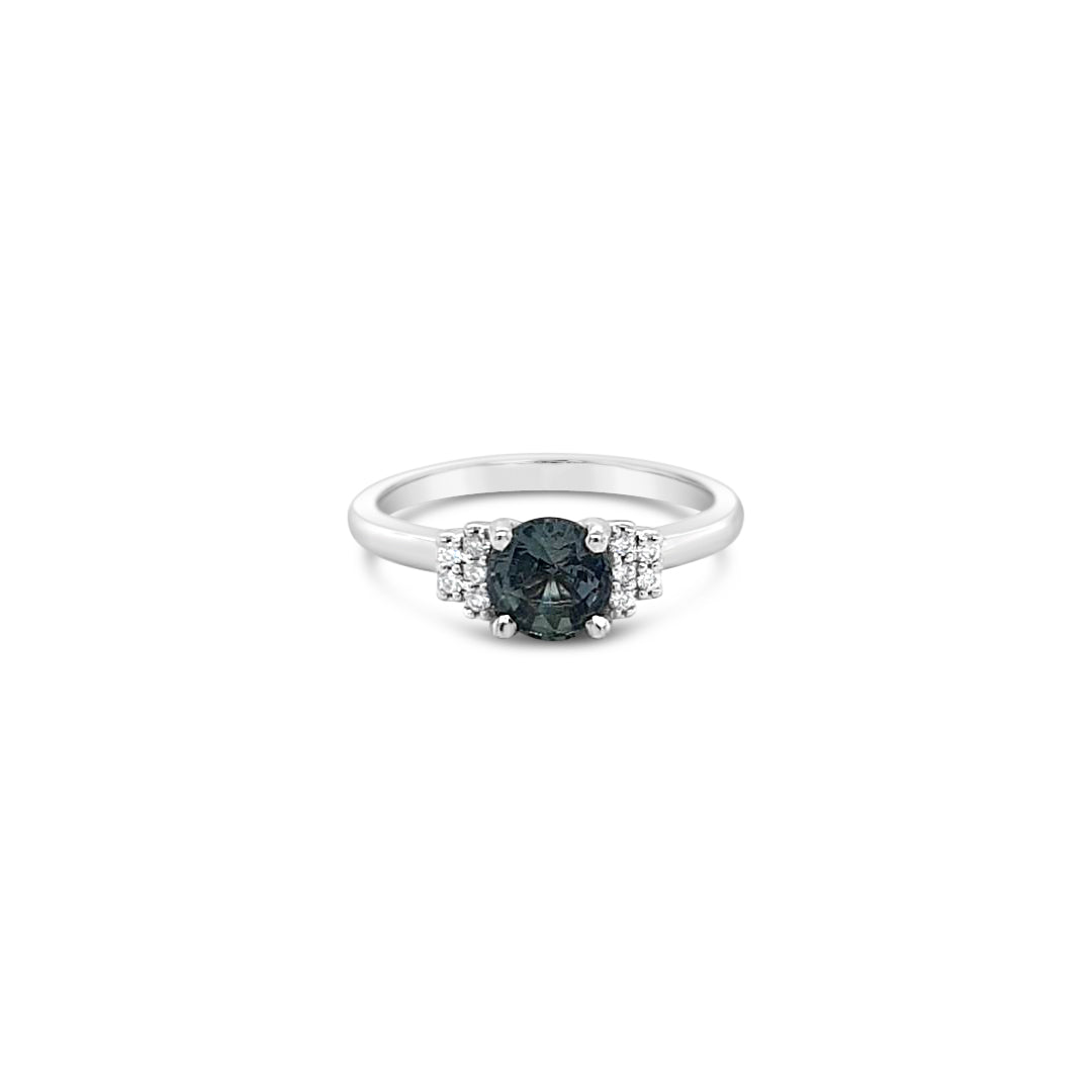 14k White Gold Teal Sapphire & Diamond Ring