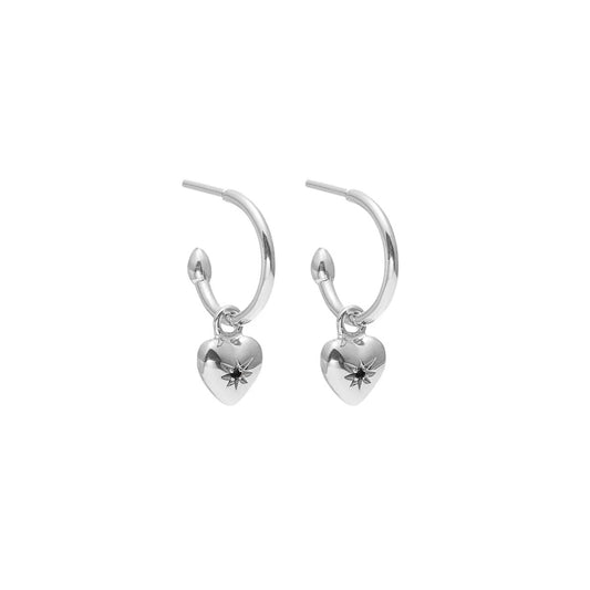 Petite Puffed Heart Hoop Earrings Black Diamond + Silver