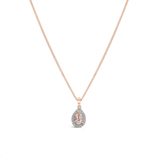 9k Rose Gold Pear Morganite & Diamond Halo Pendant