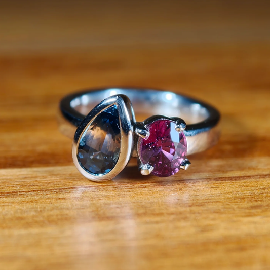 Twilight Bloom - Platinum 1.52ct Blue-Yellow Sapphire & 1.02ct Pink Sapphire Toi et Moi Ring