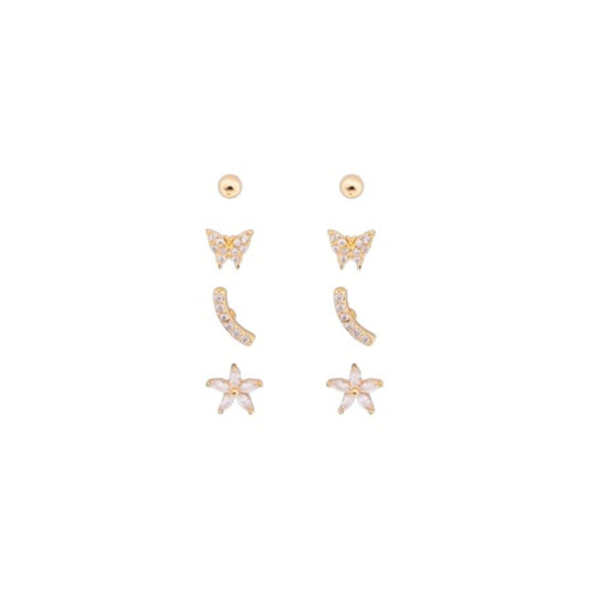 Gold Plated Stack Pack of 4 Earrings - Bows, Butterflies, Studs and Bars
