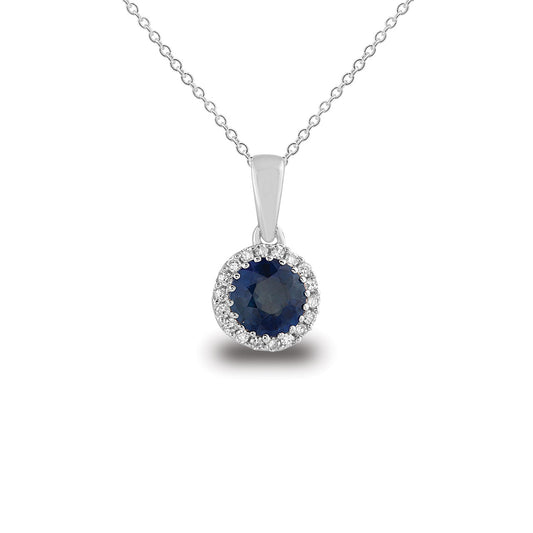 9k White Gold Round Sapphire & Diamond Halo Pendant