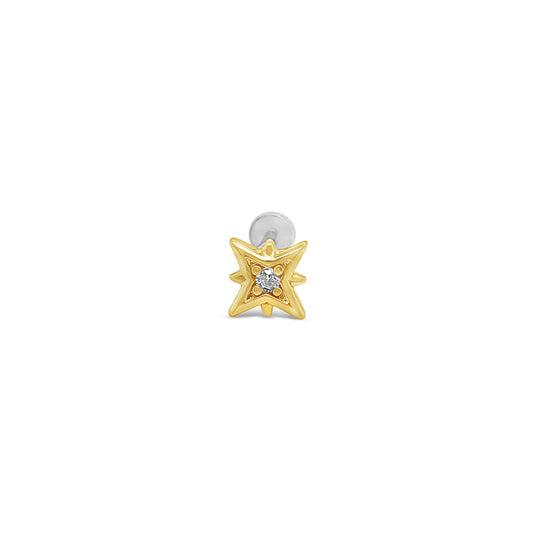 Sterling Silver Gold Plated Star CZ Flat Back Single Stud Earring