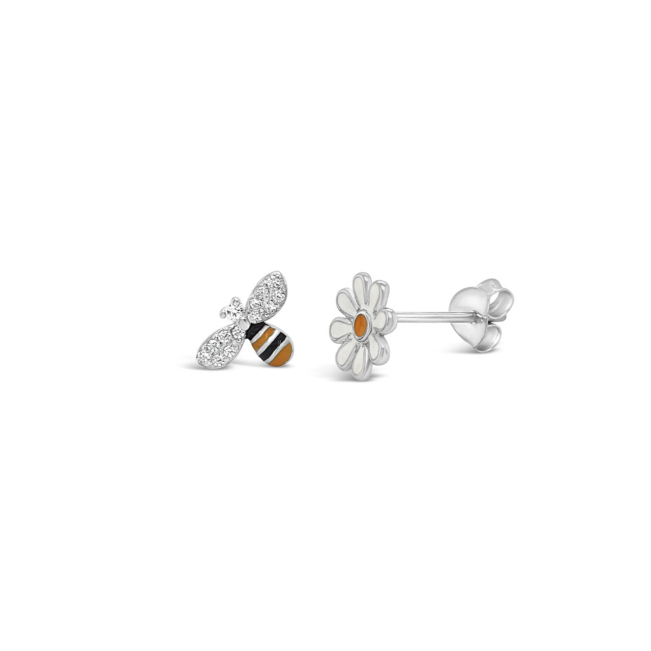 Sterling Silver Mismatched Sunflower & Bee Enamelled Stud Earrings
