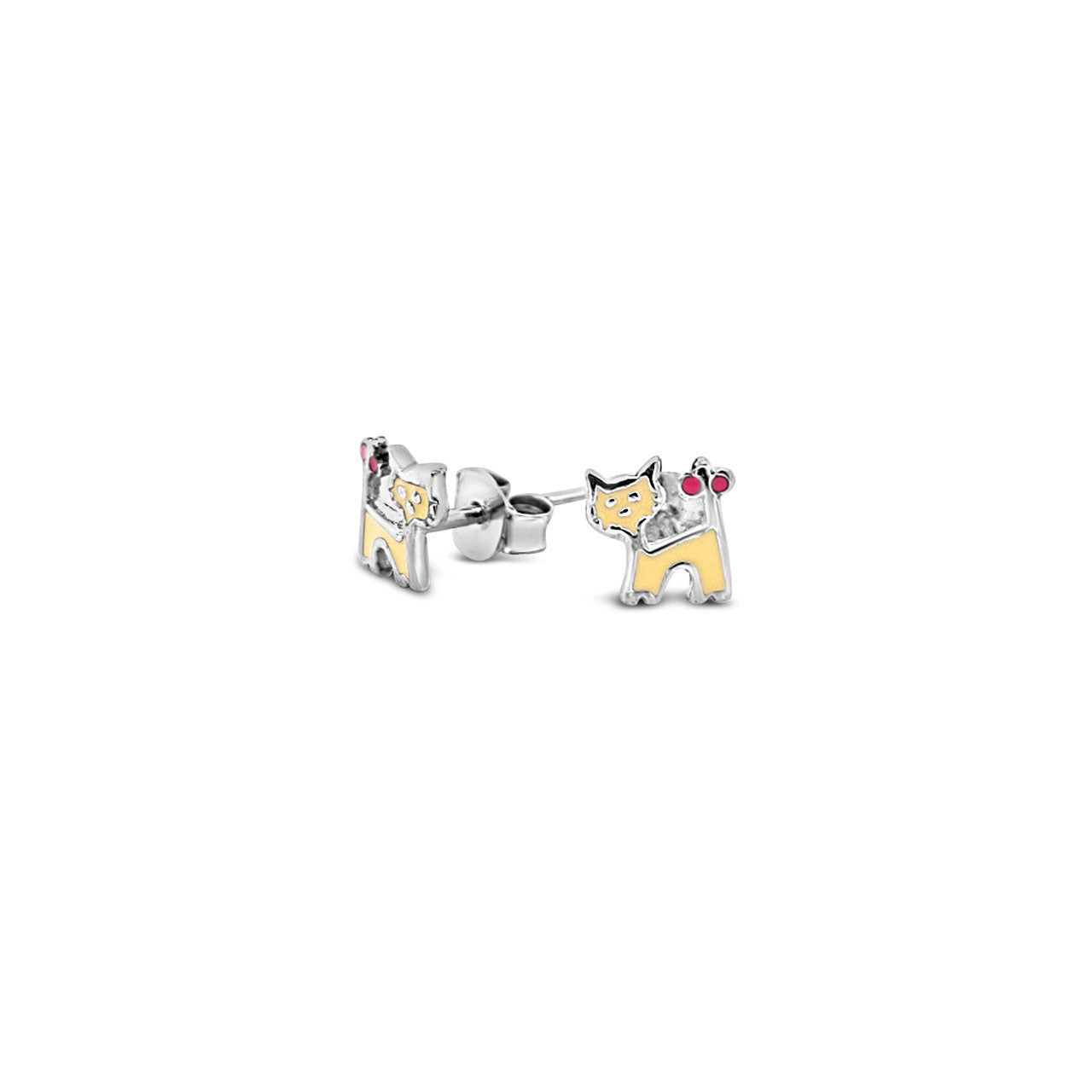 Sterling Silver Yellow & Pink Enamel Cat Stud Earrings