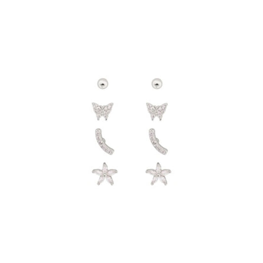 Silver Stack Pack of 4 Earrings - Bows, Butterflies, Studs and Bars