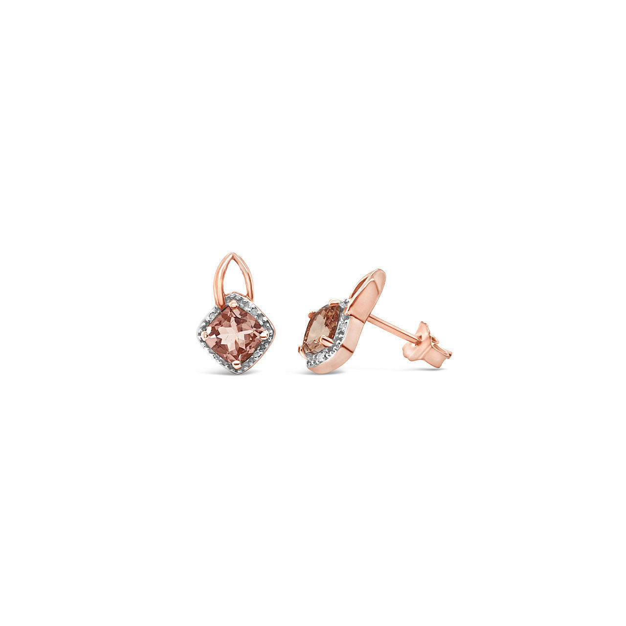 9k Rose Gold Morganite & Diamond Cushion Shaped Stud Earrings