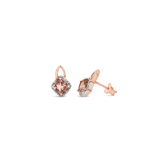 9k Rose Gold Morganite & Diamond Cushion Shaped Stud Earrings