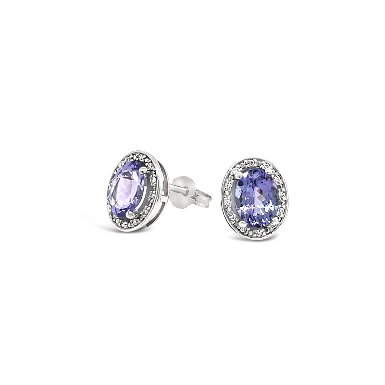 9k White Gold Oval Tanzanite & Diamond Halo Stud Earrings